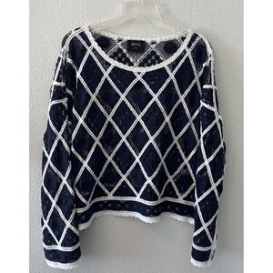 Crochet Open Knit Blouse Top Size L/XL Blue White Bell Sleeve Boho Fishermancore